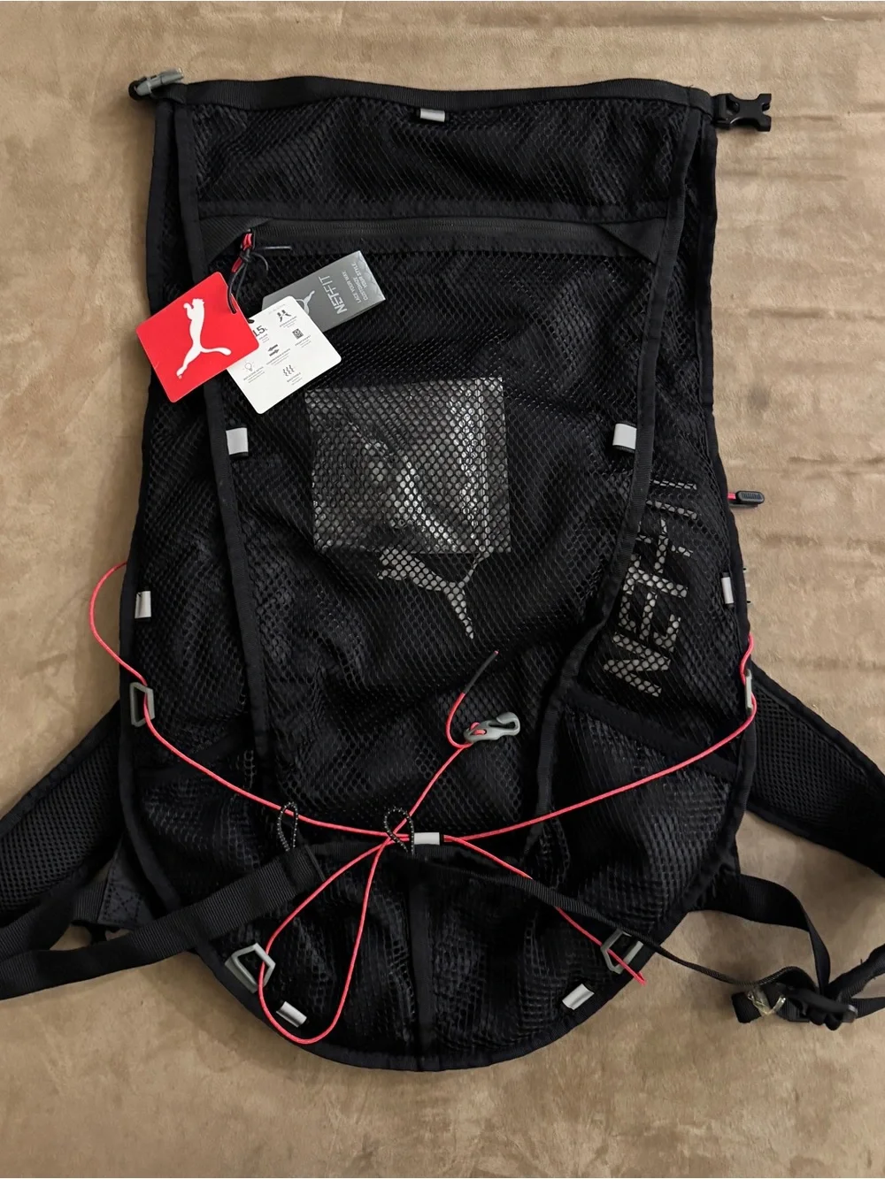 Puma Black Mesh Backpack with Red Bungee Accent